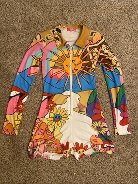 Elsie & Fred Colorful Psychedelic Sun & Floral Zip Romper